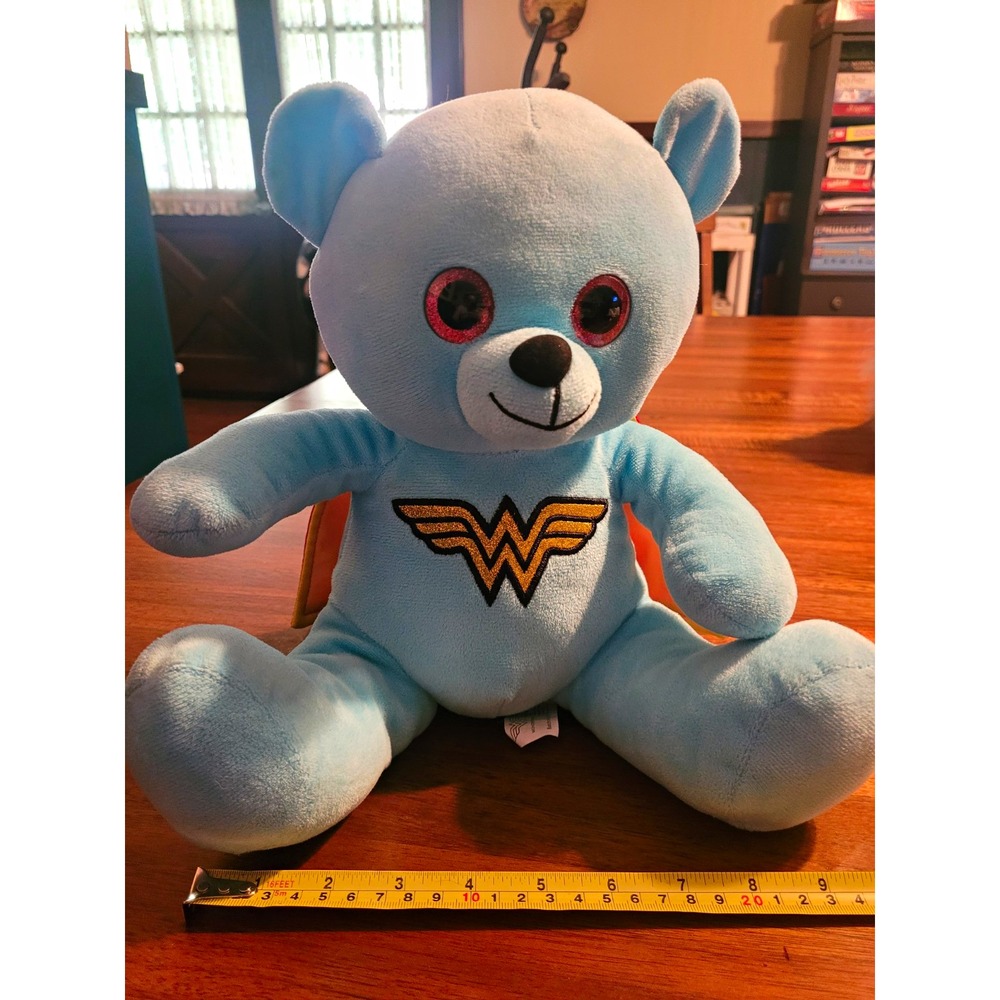 Six Flags Wonder Woman Blue Teddy Bear Plush Glitter Eyes Grand Prairie TX Tag